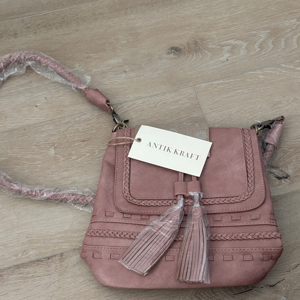 Antik Kraft Dusty Rose Crossbody with Braided Trim and Tassels